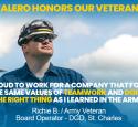 Banner text reads: "Valero Honors Our Veterans." A Valero employee stands and smiles. He is quoted in text: "I'm proud to work for a company that fosters the same values of Teamwork and Doing the Right Thing as I learned in the Army. - Richie B., Army Veteran, Board Operator - DGD, St. Charles"