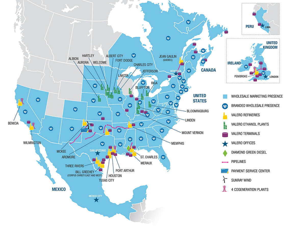 Map of Valero's operation locations.