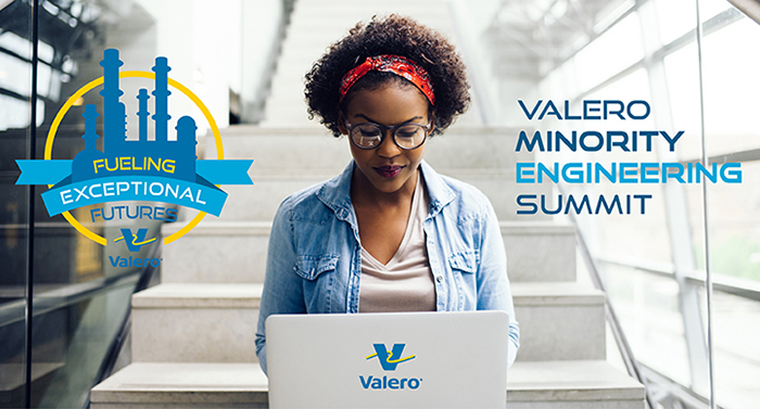 Minority Engineering Summit candidate at a laptop with logos over her shoulder
