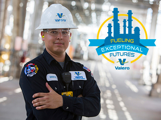 A young man wearing a Valero hard hat stands in a refinery. Next to him, a "Fueling Exceptional Futures" logo is visible.