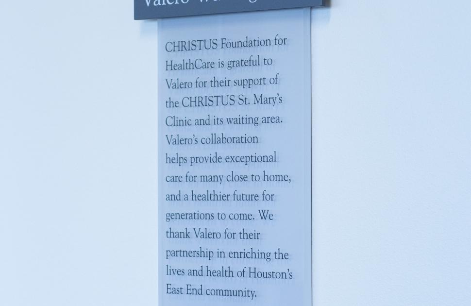 Valero Waiting Room Plaque at CHRISTUS St. Mary's Clinic