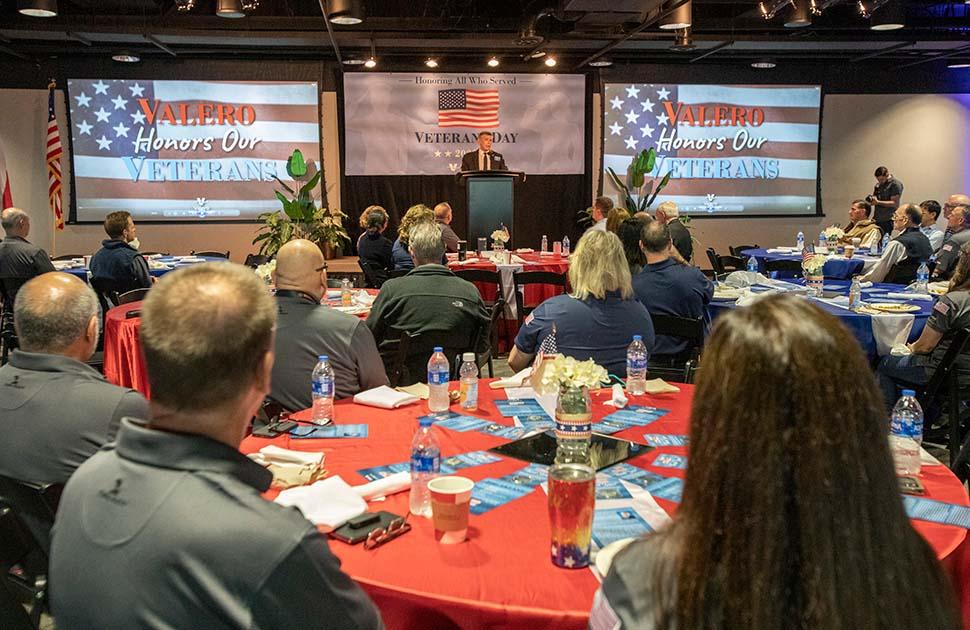 Valero Veterans attend the Veterans Day 2022 Breakfast and listen to prepared remarks.