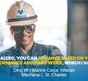 A Valero employee stands and smiles. He is quoted in text: "At Valero, you can advance based on your performance and hard work, which I value. - Dino W, Marine Corps Veteran, Mechanic I, St. Charles"