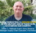 A Valero employee stands and smiles. He is quoted in text: "At Valero, there is truly a genuine reverence of the military and of those who have served our country. - Drake T., National Guard / Army Reserve, Manager Supply Chain Execution, Port Arthur"