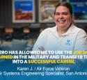 A Valero employee stands and smiles. She is quoted in text: "Valero has allowed me to use the job skills I learned in the military and transfer them into a successful career. - Karen J., Air Force Veteran, Sr Systems Engineering Specialist, San Antonio"