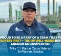 A Valero employee stands and smiles. He is quoted in text: "I'm proud to be a part of a team that puts employees first – troop well-being before mission accomplished. - Mike T., Marine Corps Veteran, Sr Planner, Benicia"