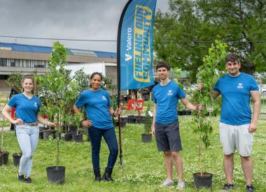 Volunteers holding trees