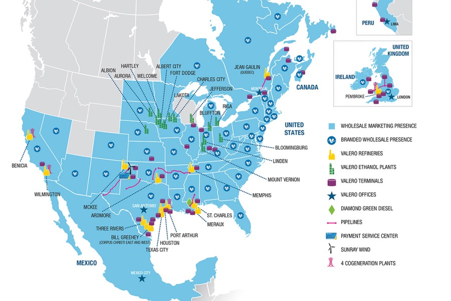 Map of Valero's operation locations.