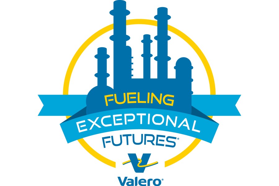 A logo for Fueling Exceptional Futures features a silhouette of a refinery in blue, surrounded by a thin yellow circle. Within the circle is a blue banner with blue, yellow and white text that reads FUELING EXCEPTIONAL FUTURES. Beneath this is the Valero logo, accompanied by the Valero company name.